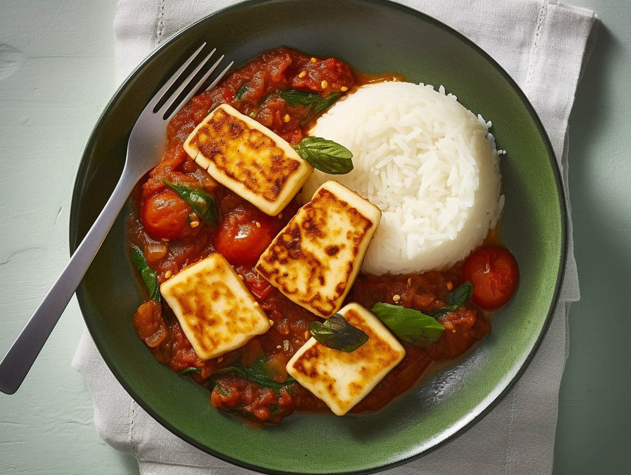 Recept på Halloumi i tomatsås med spenat